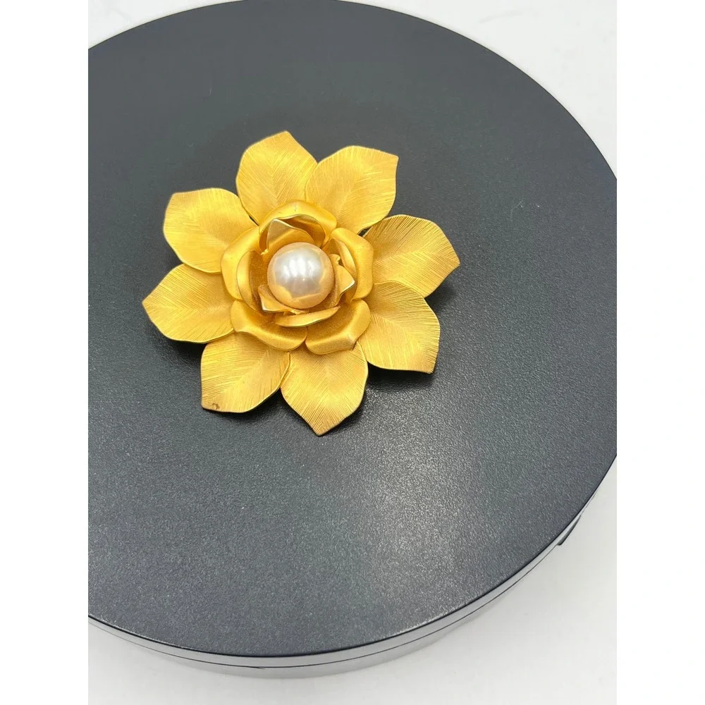 Large Vintage Etched Rose White Faux Pearl Center Matte Gold Tone Brooch  Flower